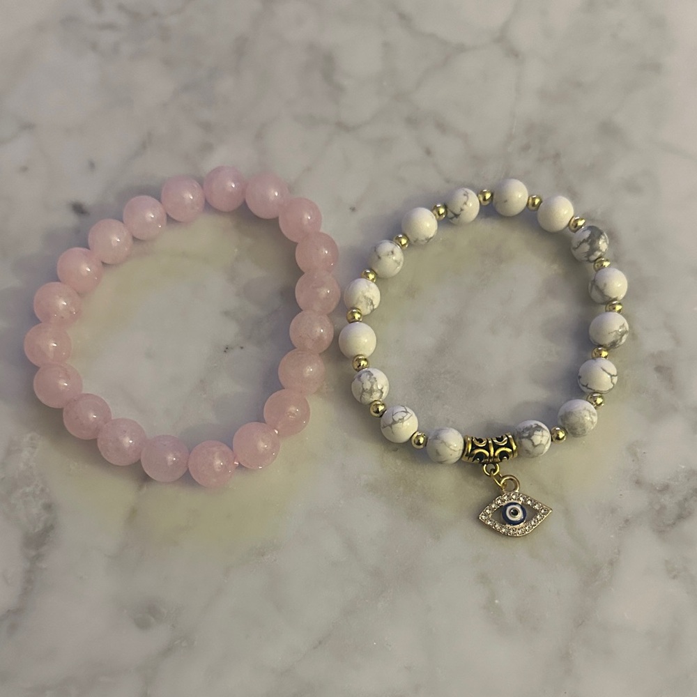 Pink Crystal and White Evil Eye Beaded Bracelet Set